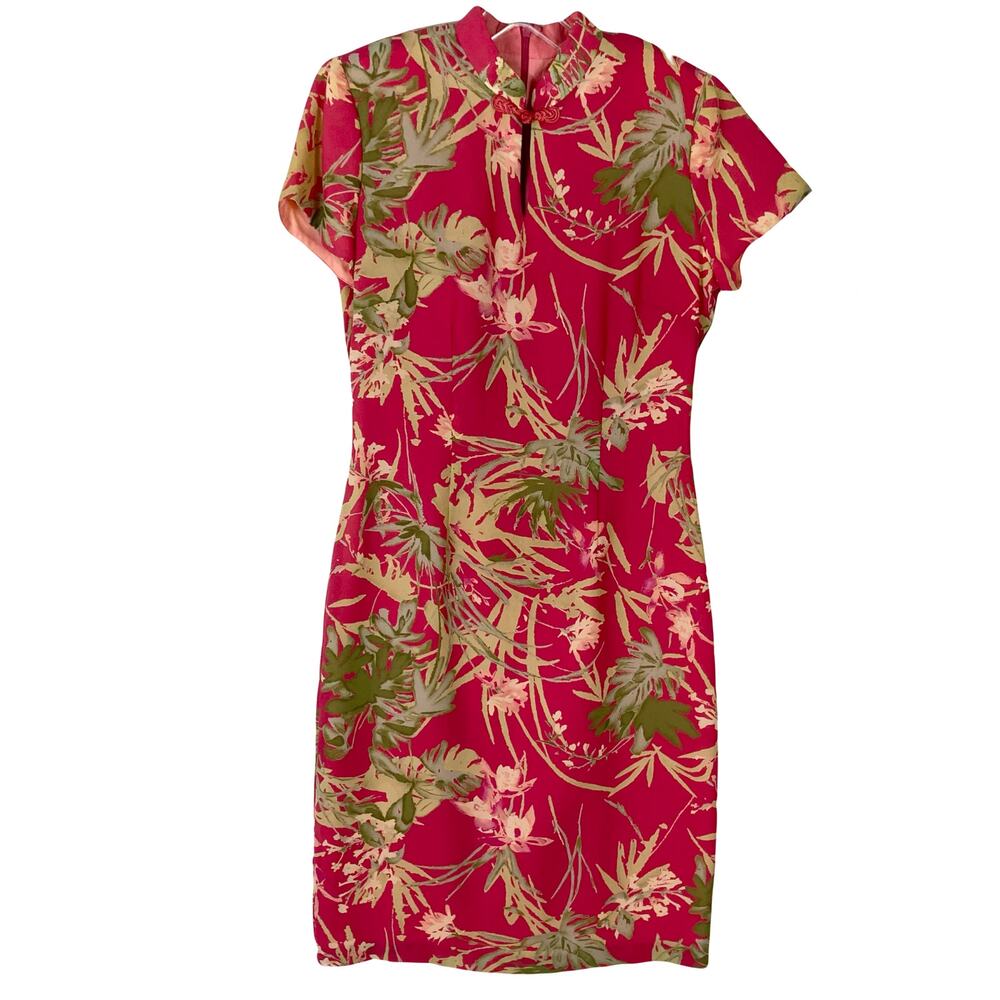 DAVID WARREN Dress Size 8 Vintage Floral Oriental Asian Red Maxi Lined Zip USA